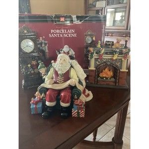 Large porcelain SANTA scene 2006 Santa Fireplace CLOCK FIGURES In Box